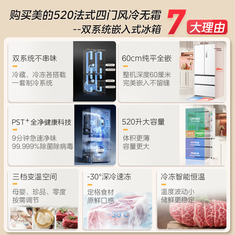 美的(Midea)520升多门双变频一级能效净味抗菌干湿分储冰箱BCD-520WUFPZM(E)海贝白