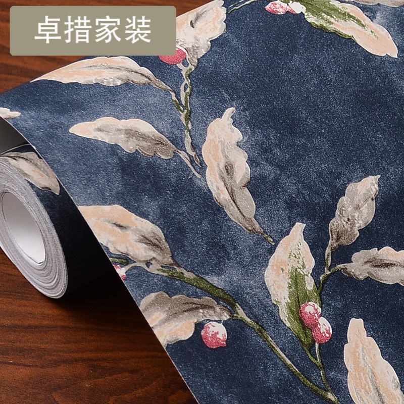 墙纸美式乡村复古怀旧卧室简约欧式电视背景墙壁纸蓝色田园小树叶壹德壹