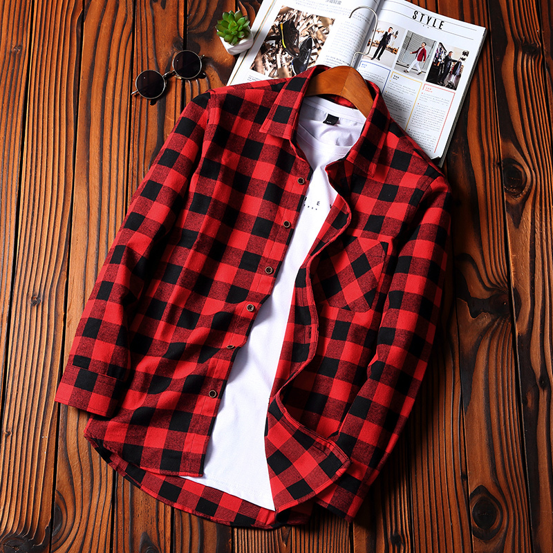 suntek大码格子衬衫男长袖宽松潮牌胖子加肥加大红色春秋外穿300斤