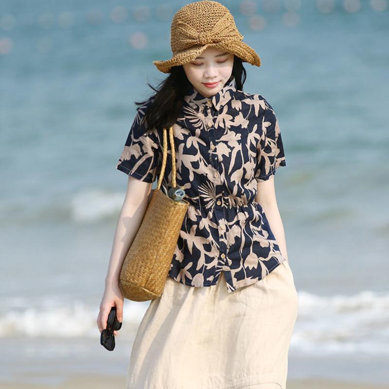 亚麻小立领碎花女装衬衫高雅气质文艺棉麻小衫2021夏天新款女 蓝色 S 88斤-94斤