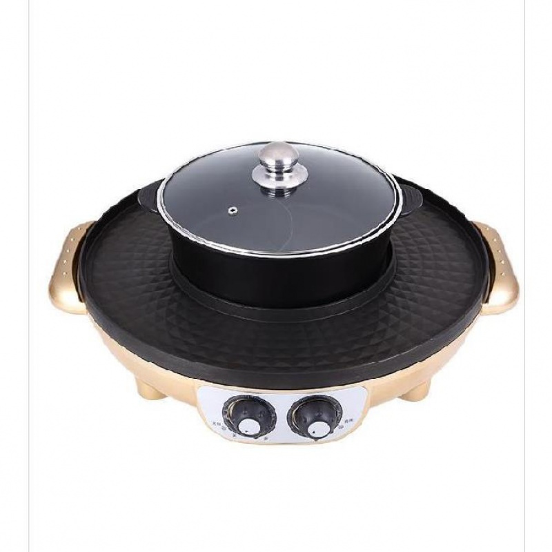 电火锅多功能家用煎烤涮一体锅不粘烤肉机煮锅电热锅无烟烧烤烙锅金色