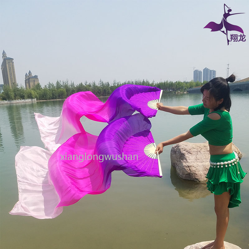 肚皮舞双扇彩色长绸扇加长舞蹈长扇子天蓝色湖蓝跳舞扇可定制 三维工匠 孔雀蓝渐变1.5米右手高清大图