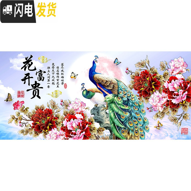 三维工匠钻石画满钻2019年新款花开富贵5d点水晶十字绣孔雀客厅 异形钻满钻[200*88厘米]多送30钻量工具包2套高清大图