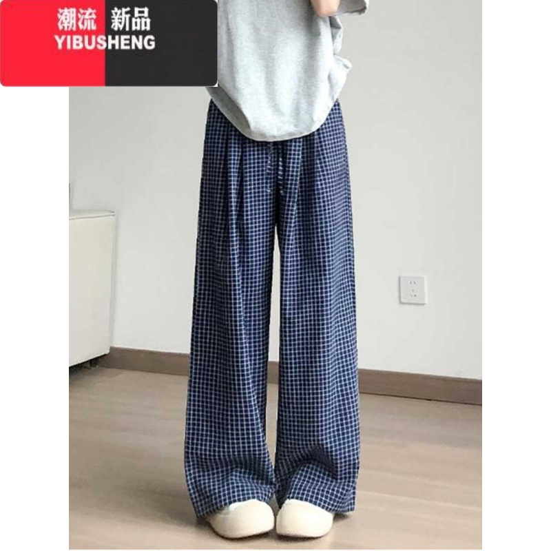 YIBUSHENG大码蓝色格子裤子女季薄款2024新款高腰垂感休闲复古直筒阔腿裤