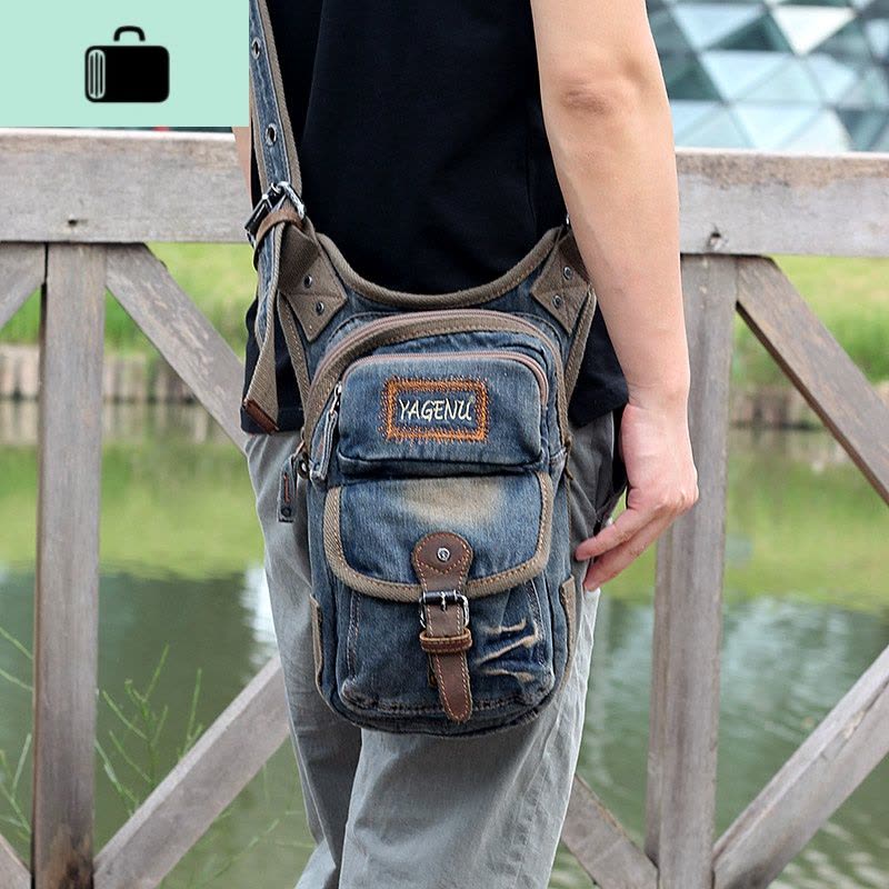 牛仔单肩包男复古帆布斜挎包旅游随身包牛仔布街头潮流小背包跨包NEW LAKE 复古蓝男士斜挎包图片