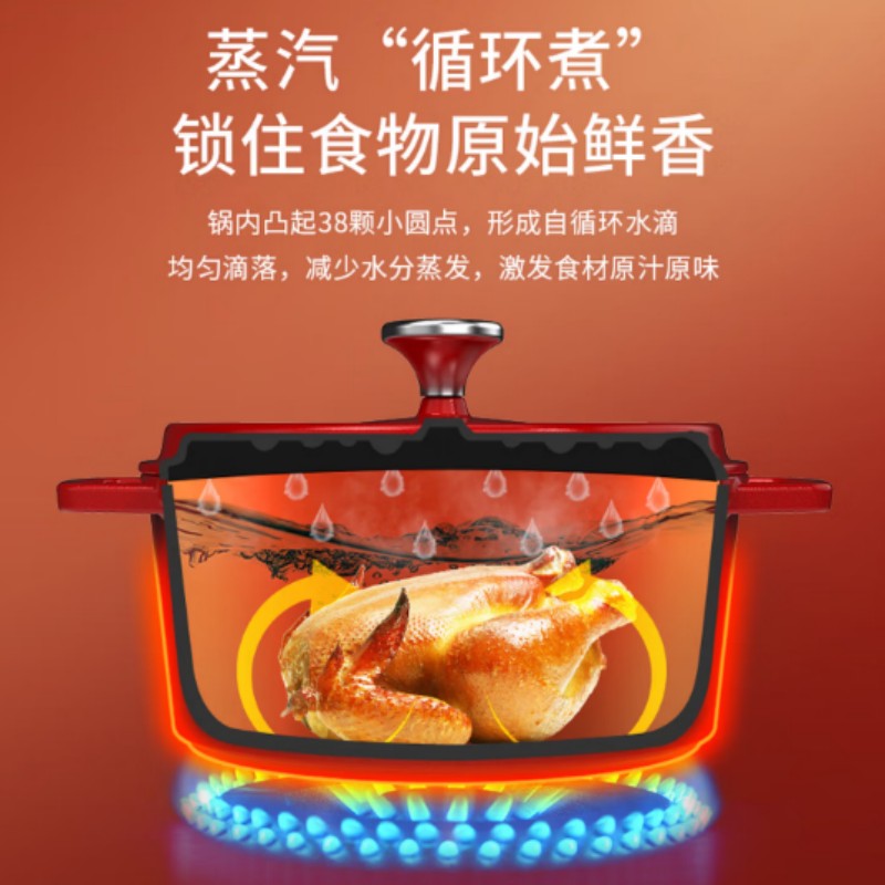 澳得迈聚能珐琅锅S16 多功能铸铁锅煲汤锅焖炖锅 电磁炉煤气炉通用 红色 22cm高清大图