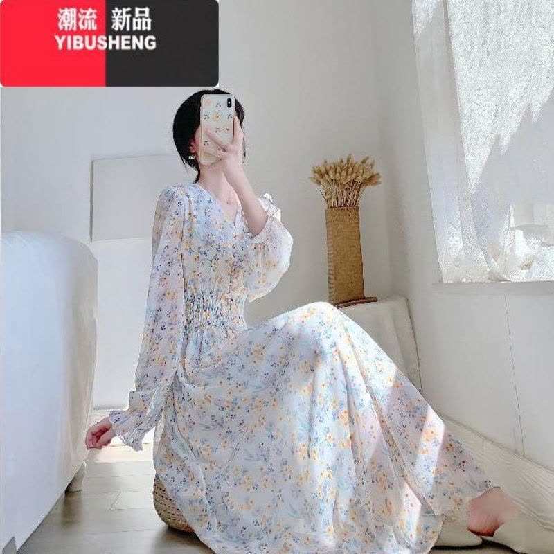 YIBUSHENG长袖/短袖 可盐可甜温柔风长裙仙气仙女森系V领雪纺碎花连衣裙图片