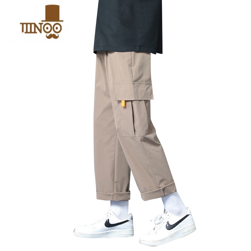 YANXU卡其工装男裤薄款潮牌宽松直筒裤男生潮流百搭休闲运动九分裤高清大图