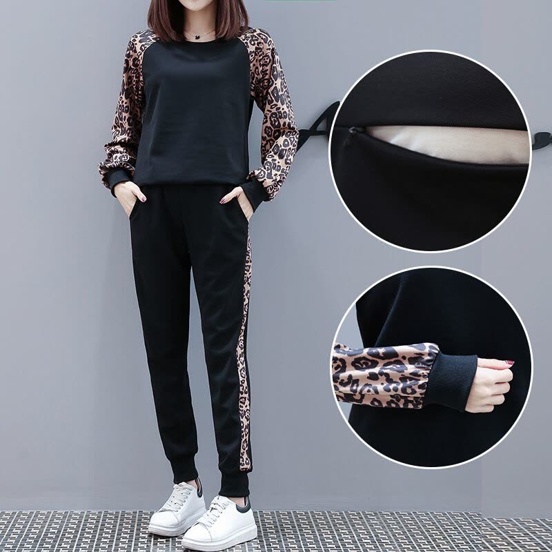 迪鲁奥(DILUAO)哺乳孕妇套装春装2021新款时尚圆领豹纹拼接喂奶衣+托腹哈伦裤子 袖子拼接豹纹图片