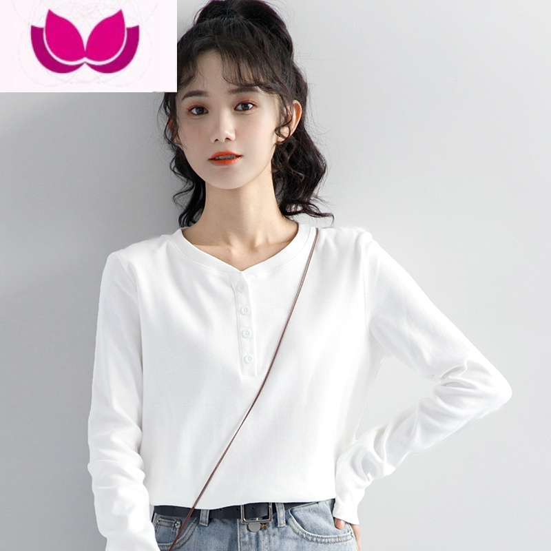 七斓2023春季新款白色长袖t恤女韩版打底衫设计感小众内搭v领上衣