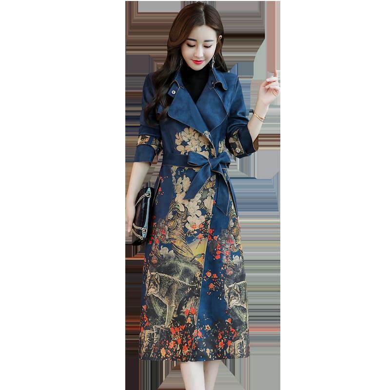 风衣女中长款女士春秋新品过膝大衣韩版印花显瘦鹿皮绒女士外套秋