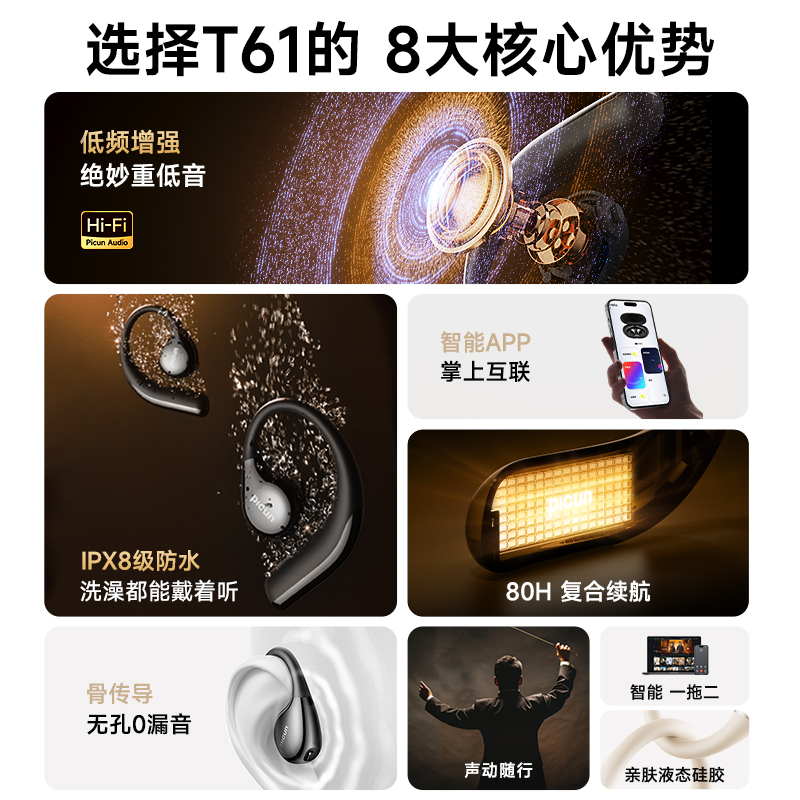 品存(picun)智能降噪耳挂骨传导无孔IPX8防水耳机 黑色 T61高清大图