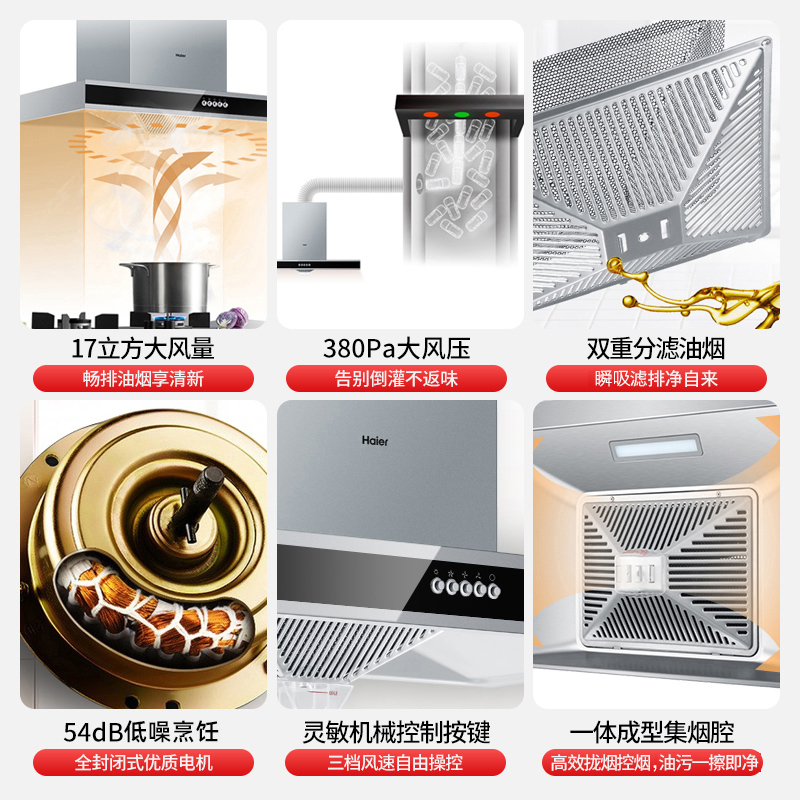 海尔(Haier)17m³大风量欧式抽油烟机单机CXW-200-E900T2S 三速调节 一级能效 家用大吸力 抽油烟机
