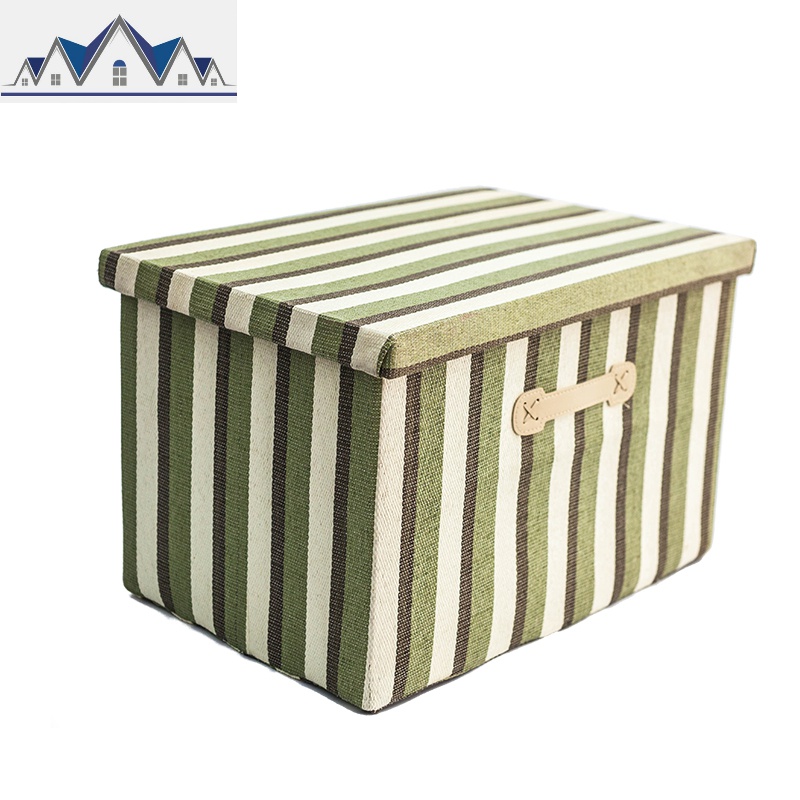 日式木柄提手布艺收纳筐玩具衣物整理储物箱桌面零食杂物框收纳盒 三维工匠收纳篮 军绿色条纹带盖47*32*30