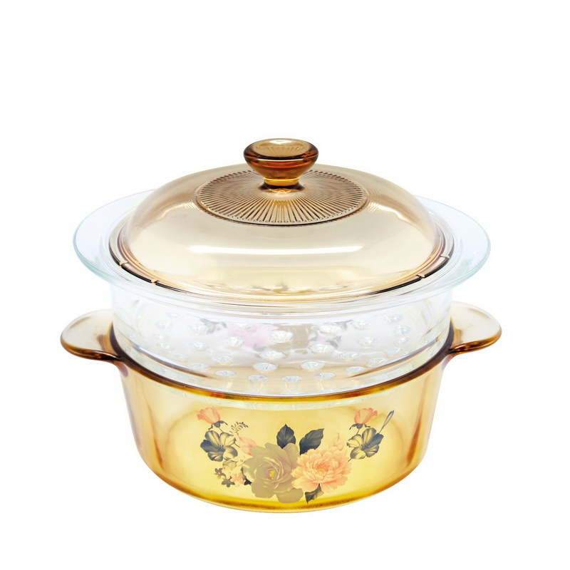 VISIONS 美国康宁晶彩透明锅VS-22-FLR+Glass Steamer (2.25L花卉汤锅带20cm蒸格组