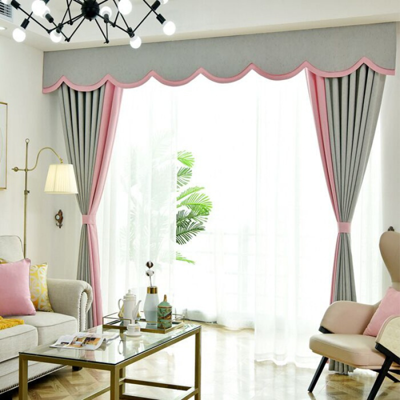 美帮汇北欧拼接款窗帘色仿麻遮光面料客厅卧室简约现代成品定制 流星麻灰色+粉色【拼接】 窗幔/米【定制专拍，10天发货】