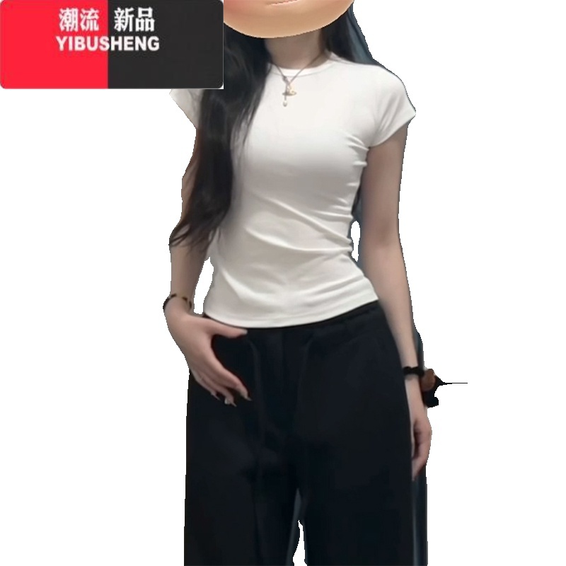 YIBUSHENG白色正肩短袖女季新款辣妹收腰修身上衣显瘦百搭纯色短纯季瘦瘦高清大图