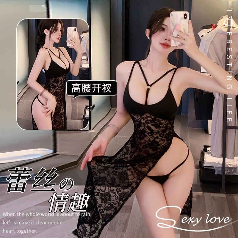 长夜漫漫情趣内衣性感网红蕾丝透明开叉睡裙夜店诱惑制服套装1833 红色 均码(80-120斤)