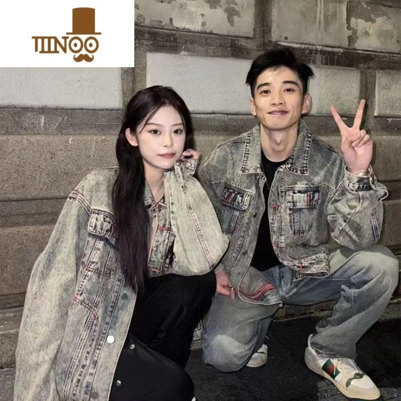 YANXU2022欧美水洗做旧牛仔外套复古帅气工装翻领夹克宽松潮牌上衣男女图片