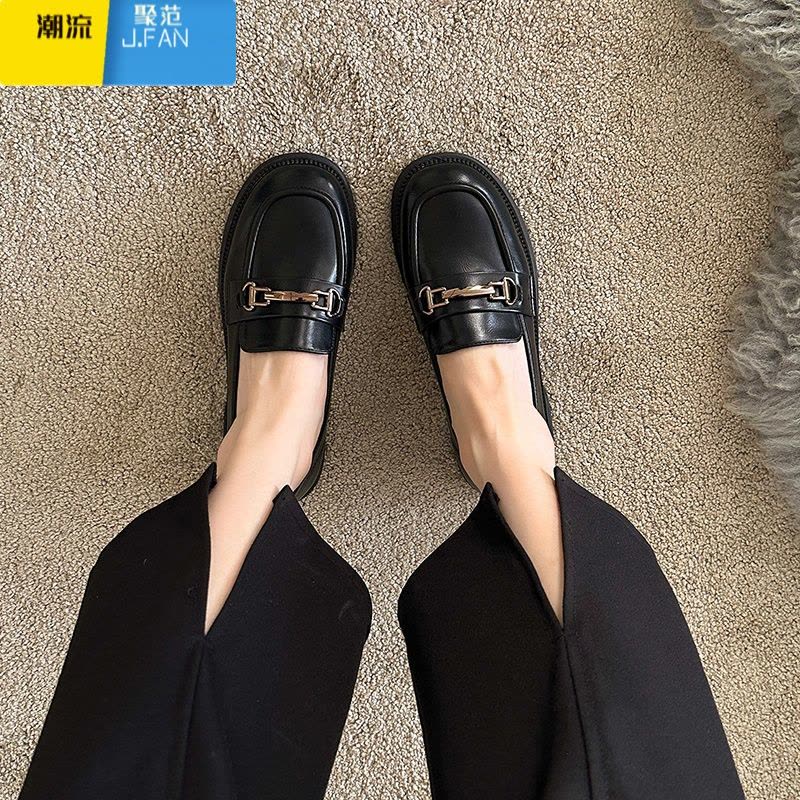 聚范单鞋女2024新款女鞋英伦风小皮鞋黑色平底乐福鞋jk豆豆鞋子图片