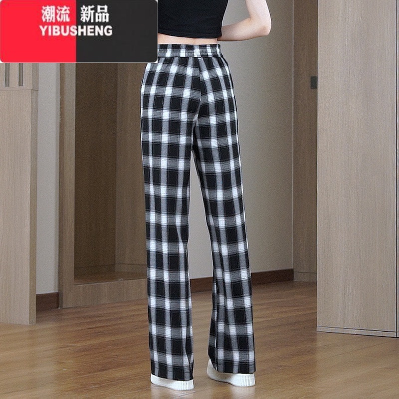 YIBUSHENG冰丝格子窄版阔腿裤女季薄款垂感宽松显瘦直筒百搭休闲裤棋盘S高清大图