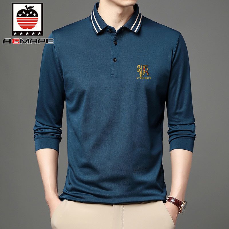 爱曼普新款含棉男士polo衫时尚条纹领纯色百搭休闲长袖薄款T恤男