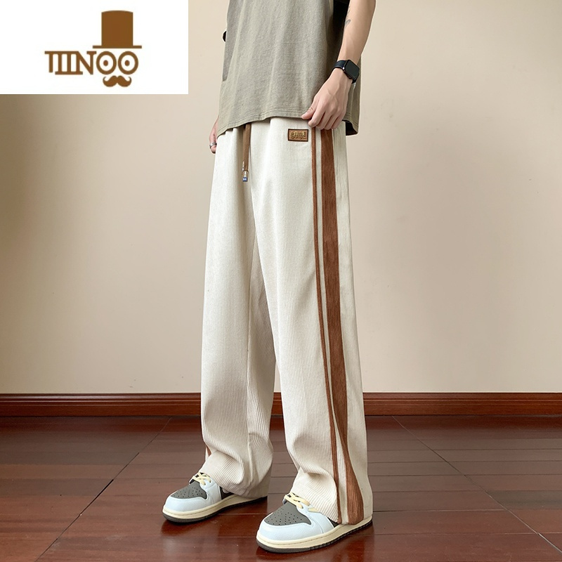 YANXU潮流条纹裤子男士夏季直筒宽松运动新款拖地百搭垂感休闲长裤
