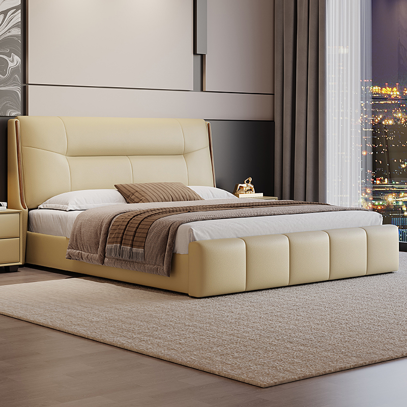 真皮床现代简约高端双人床意式轻奢主卧大床皮艺床软包床储物婚床高清大图