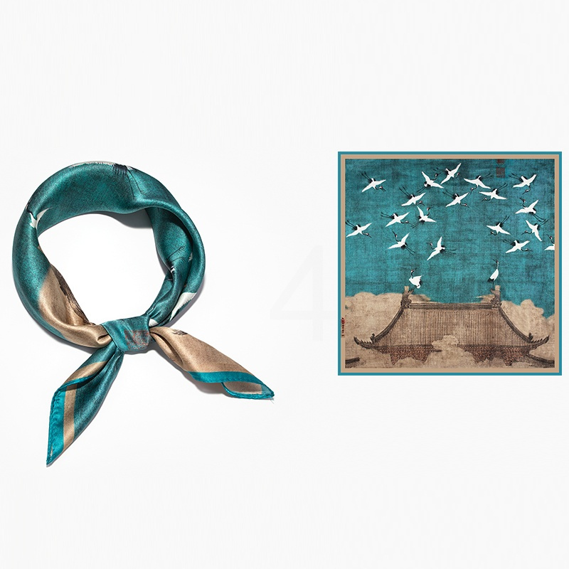 春夏季桑蚕丝中国风瑞鹤图杭州丝绸真丝小方巾丝巾女围巾礼盒装中国风