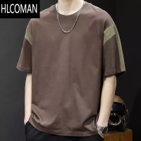 HLCOMAN拼接撞色时尚休闲短袖t恤男士夏装大码宽松青少年潮流百搭上衣服