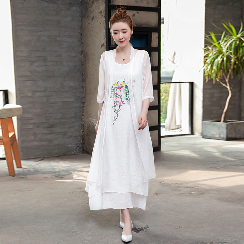 复古刺绣连衣裙女女士夏款新品宽松休闲民族风棉麻长裙两件套裙子