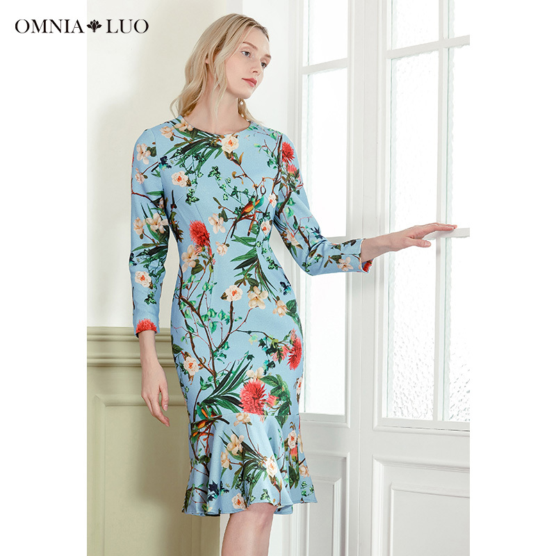 欧柏兰奴秋冬新款印花收腰长袖中长款印花鱼尾连衣裙女