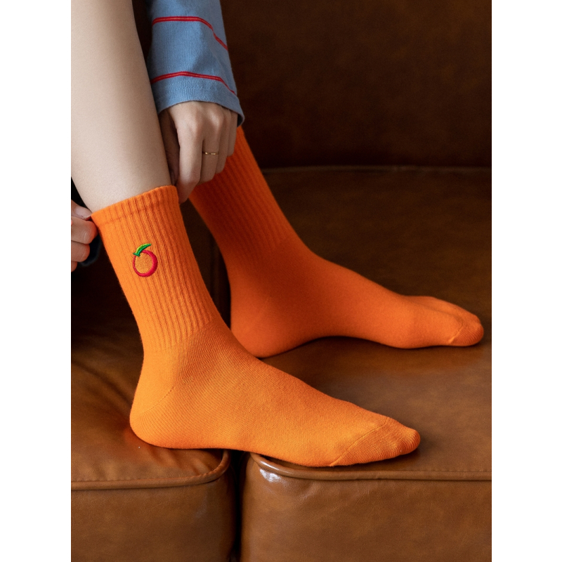 xin橘色袜子女冬季中筒袜冬天百搭棉厚个性洋气网红款潮流橙色棉袜子