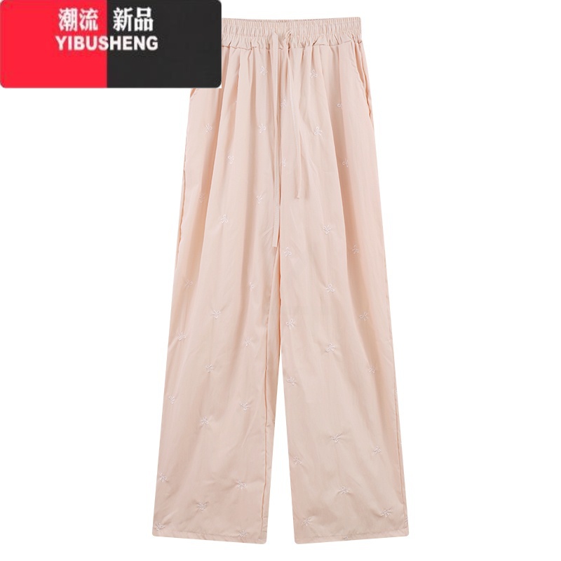 YIBUSHENG蓝色小众蝴蝶结刺绣休闲裤女季薄款小个子宽松直筒阔腿裤长裤裤高清大图