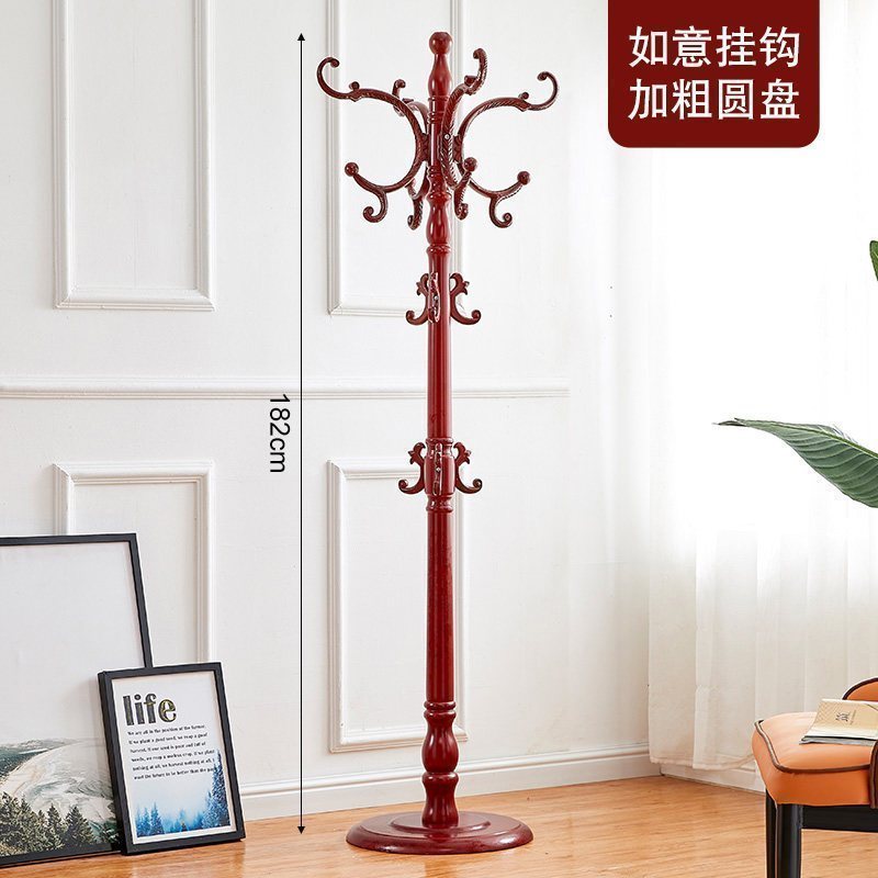 汐岩实木衣帽架落地卧室挂衣架包架单杆式家用室内挂衣服的架子收纳架 加粗-圆盘-酒红色6011个