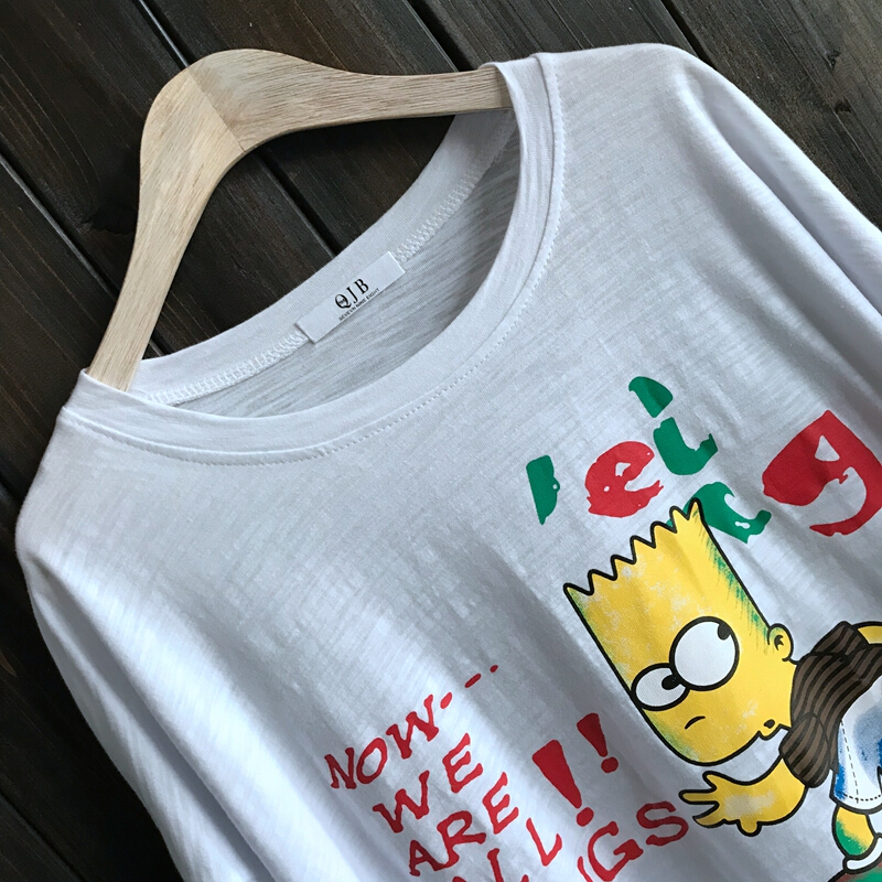 夏2018韩版宽松大码女装卡通学生圆领打底衫胖MM显瘦纯棉短袖T恤白色均码