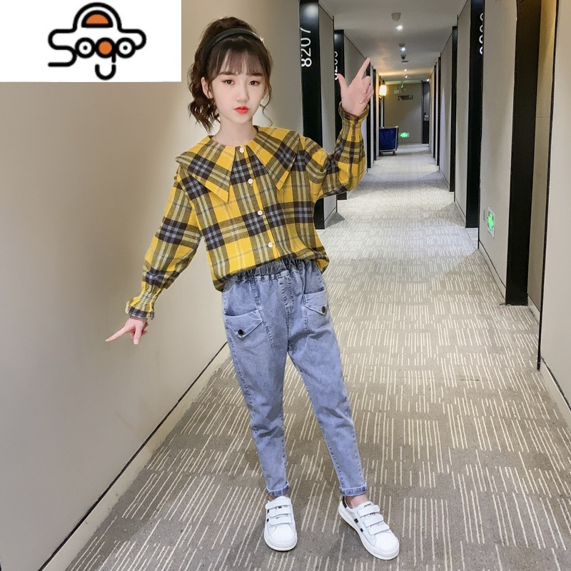 女童格子衬衫长袖春秋韩版儿童装衬衣洋气上衣时髦中大童外套秋装 七色王国
