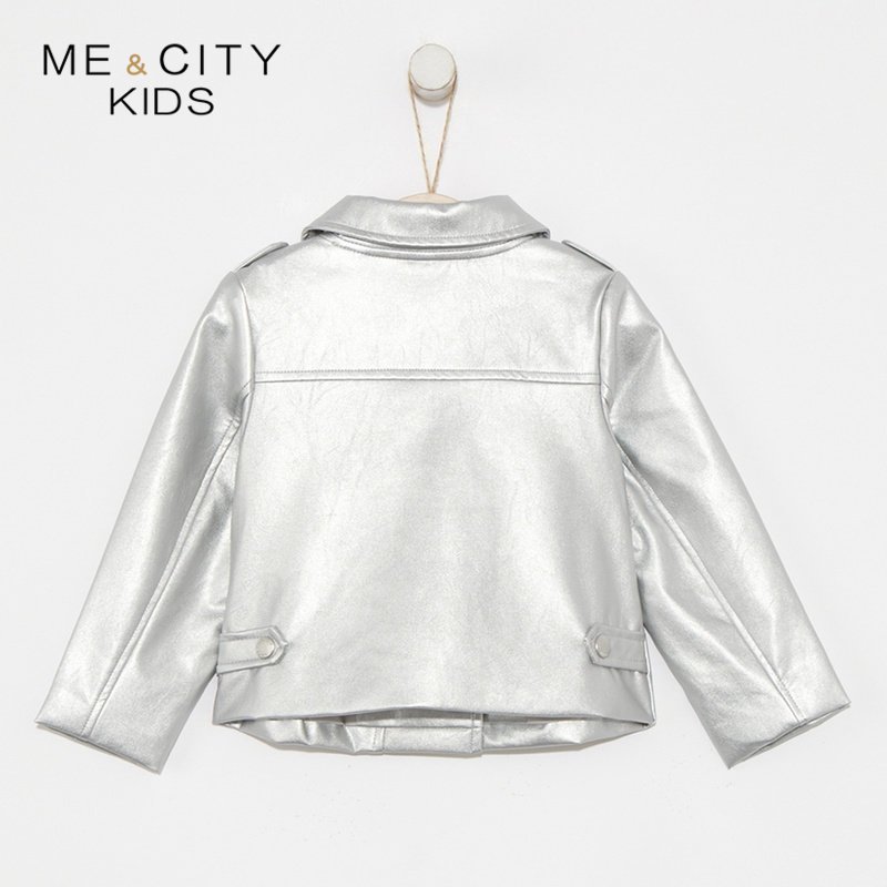 [2件2折价:38]米喜迪mecity童装春新款女童时尚银色机车皮夹克潮酷外套