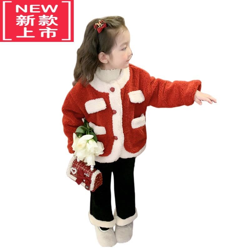 可莉允儿童毛绒棉衣2022新款女小童加绒加厚毛毛衣女童圣诞红色外套冬款棉服图片