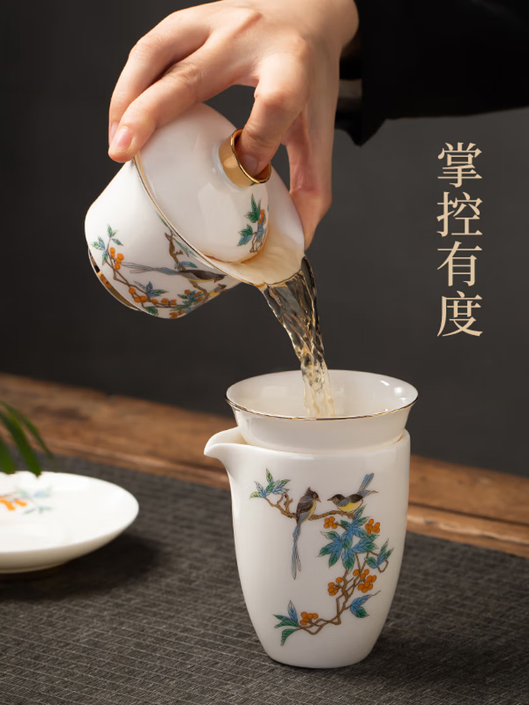 金镶玉羊脂玉瓷功夫茶具套装雀上枝头国潮礼盒泡茶壶高档茶具2kg高清大图