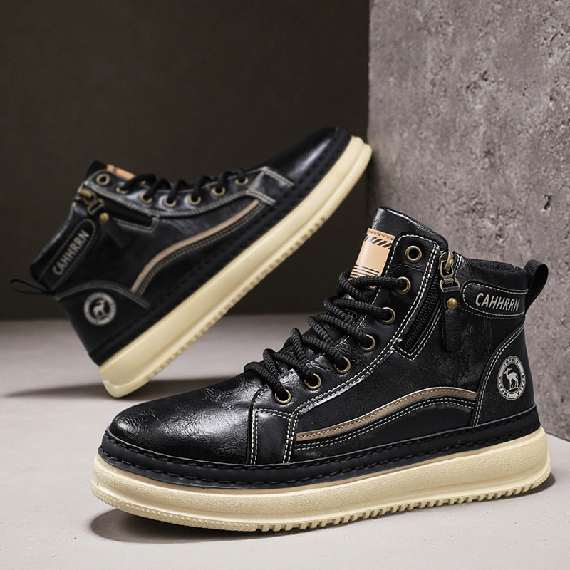 男靴子秋冬季新款皮面复古潮鞋拉链便捷百搭马丁靴高帮厚底增高鞋