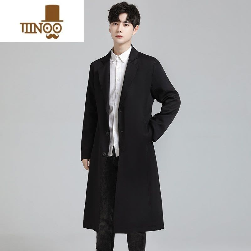 YANXU新款秋季男士中长款西服领修身风衣男装韩版休闲长款过膝大衣外套图片