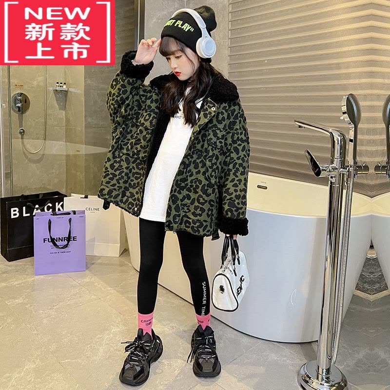 可莉允女大童秋冬外套2022新款网红炸街时髦保暖棉服豹纹女童厚款派克服图片