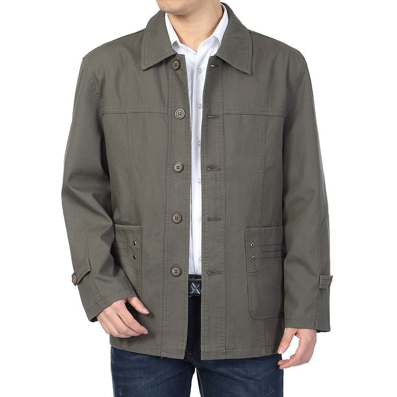 中年男装春秋季薄款夹克衫长袖翻领纽扣加肥外套男两用衫夹克【价格