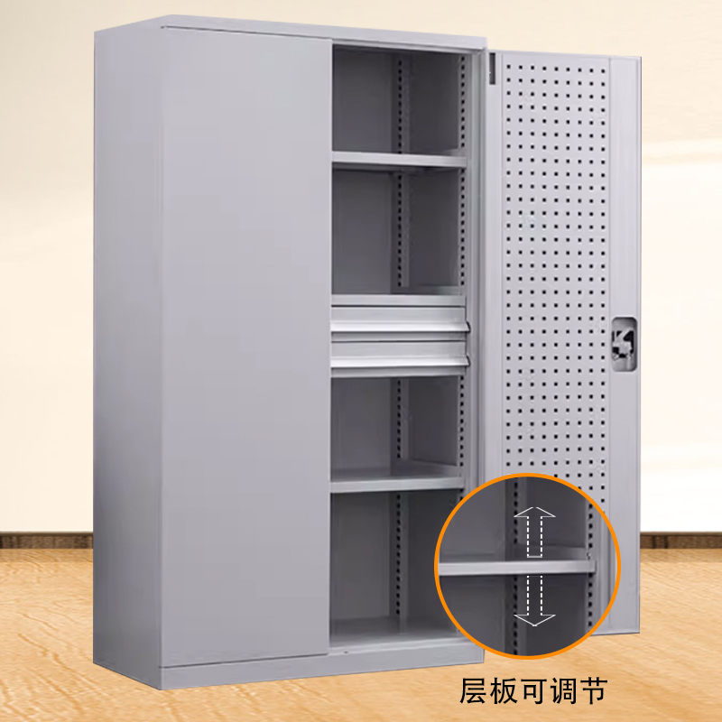 帅畅重型工具柜加厚物件工具储物柜工厂铁皮柜汽修厂零件收纳柜白色四层二抽带挂板高清大图