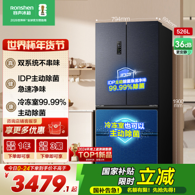 容声（Ronshen）526升双净双系统电冰箱法式对开多门四开门一级能效风冷无霜家用节能变频BCD-526WD1MPA灰