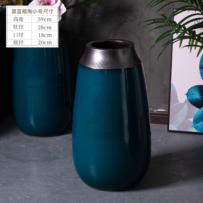 景德镇陶瓷花瓶摆件现代简约客厅插花中式大圆口窑变大号粗陶花瓶 三维工匠 黛蓝粗陶小号