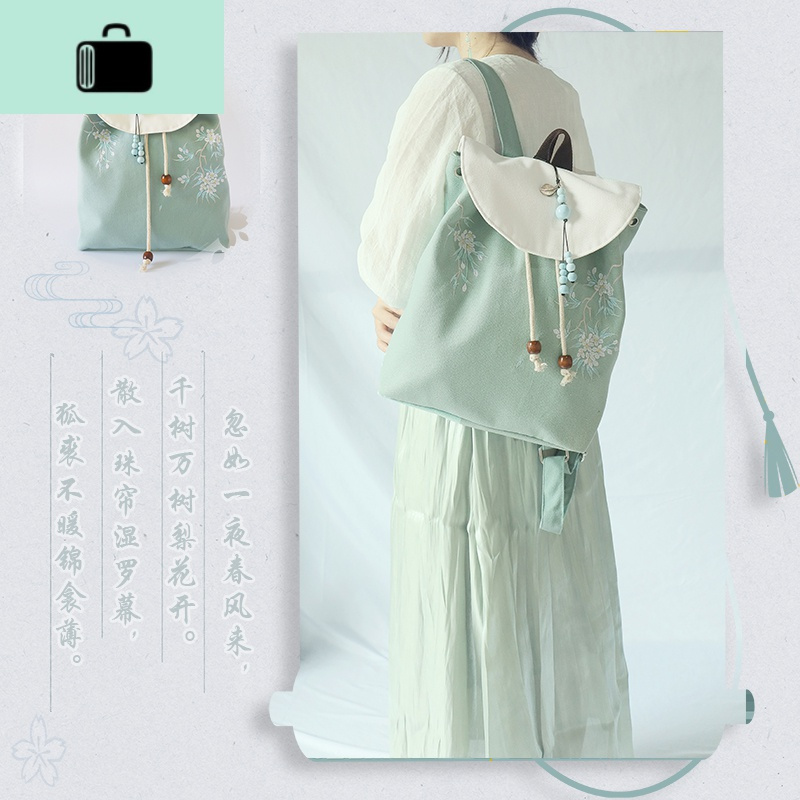 原创新款中国风古风汉服文艺复古民族风刺绣帆布双肩包少女书包NEW LAKE女士单肩包