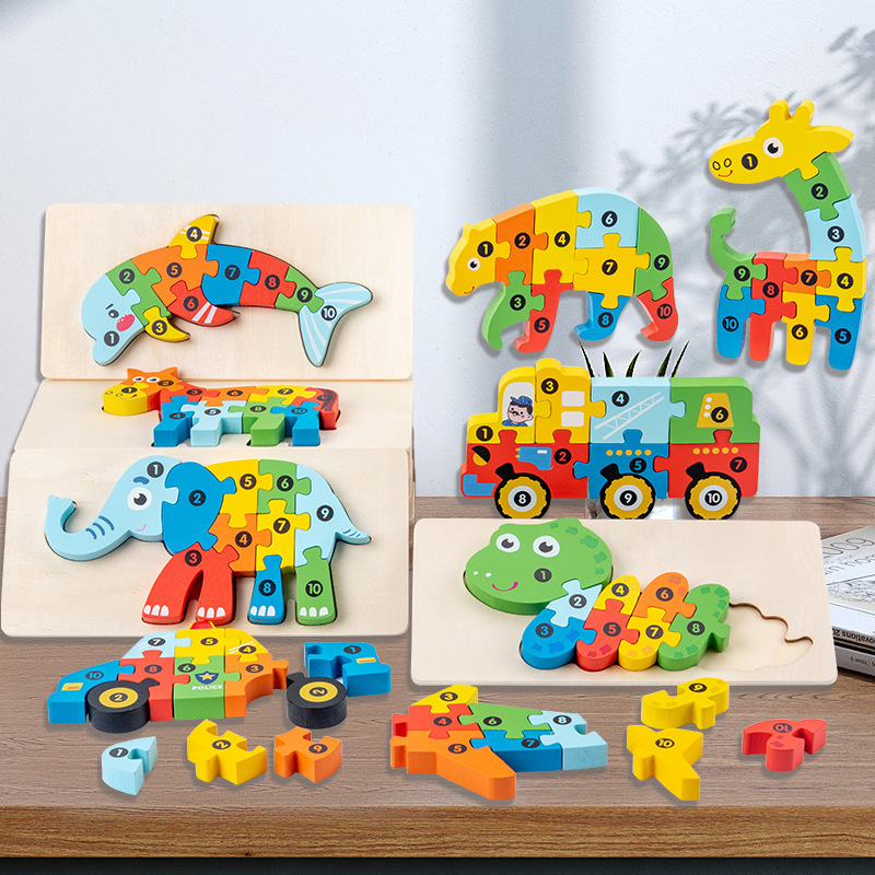 3d立体卡扣拼插拼图幼儿童宝宝动物卡通长颈鹿配对木质早教认知益智