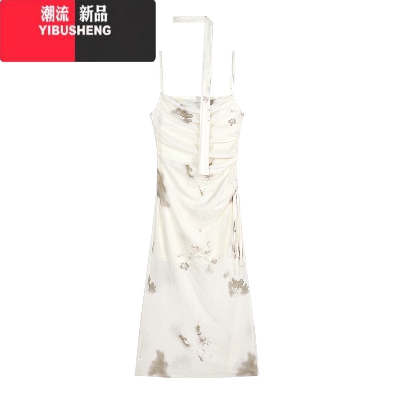 YIBUSHENG紫色晕染荡领吊带连衣裙女季性感纯欲长裙子褶皱收腰开叉包臀裙高清大图